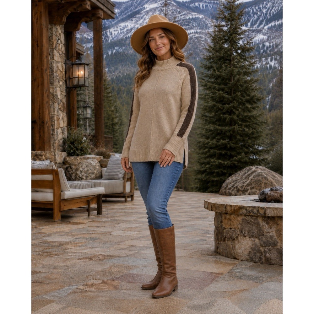 New FATE Womens XL Beige Brown Colorblock Mock Neck Oversized Tunic Sweater Boho